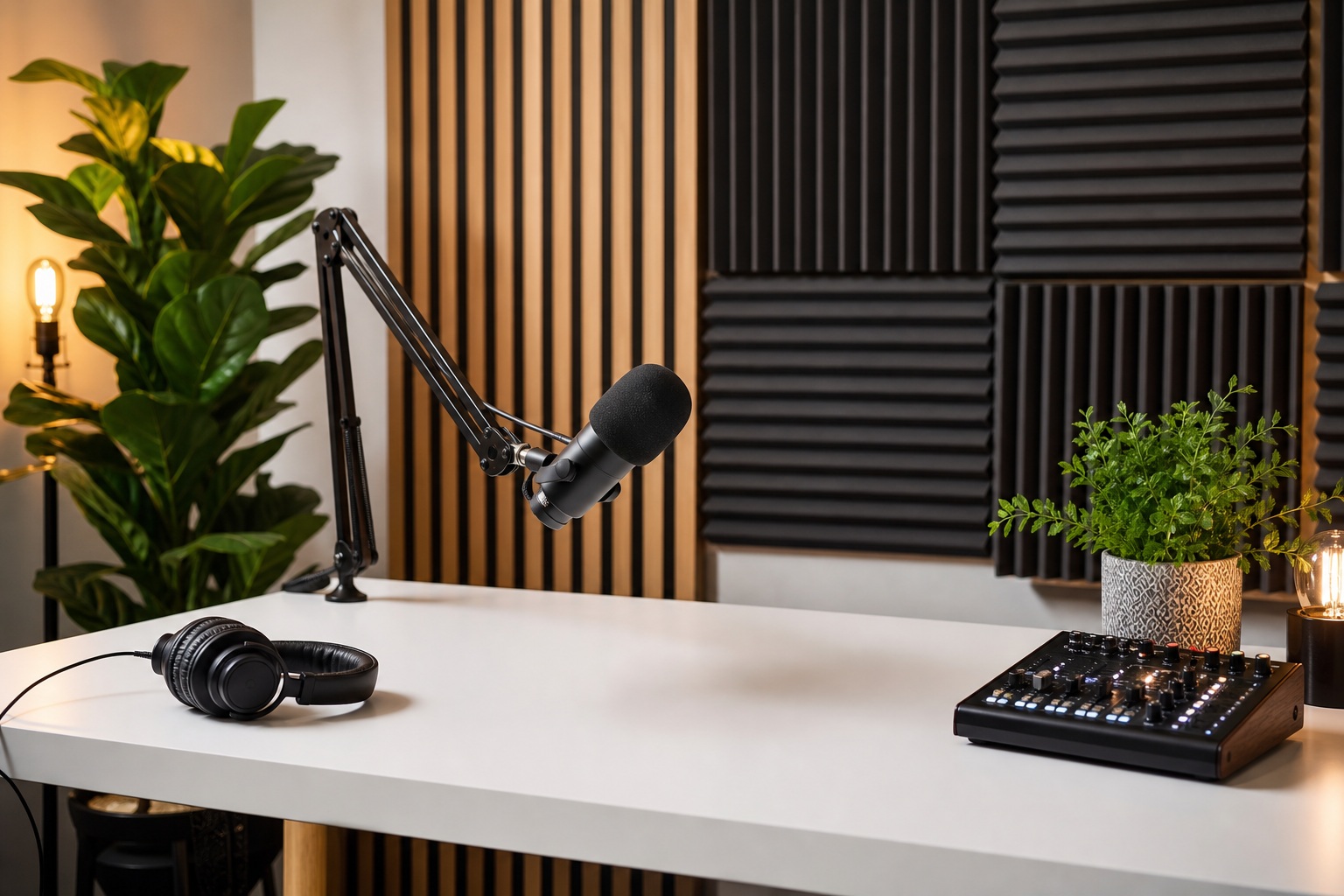 Microphone, headphones, and plants on a bright creator desk with acoustic panels behind