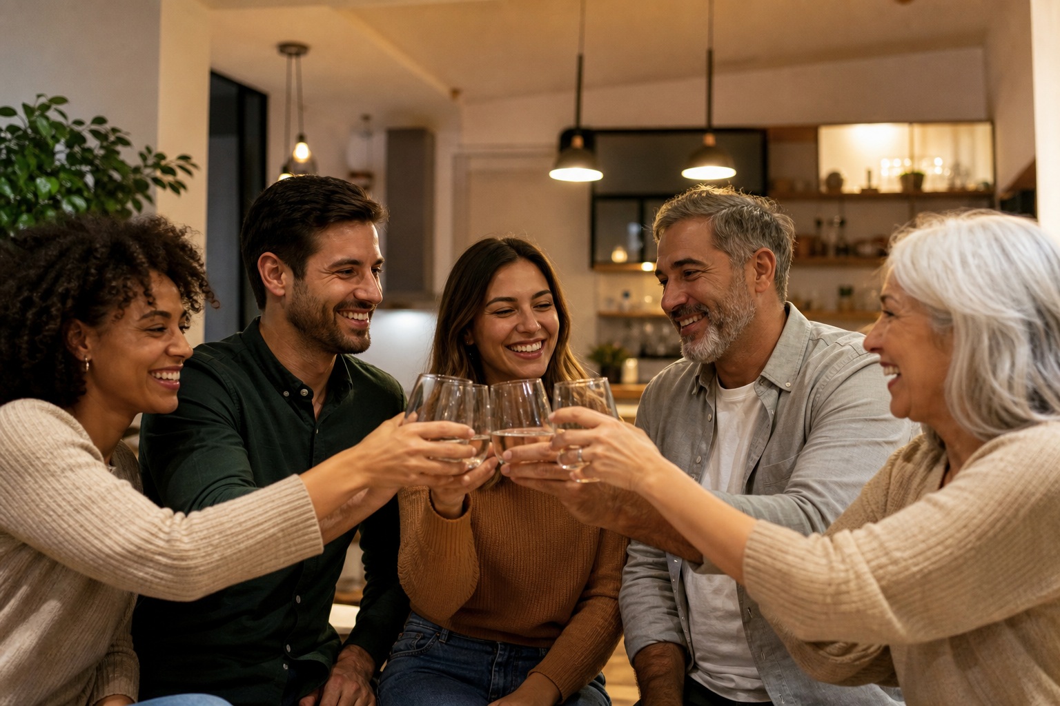 Group of adults smiling and clinking glasses during an indoor celebration