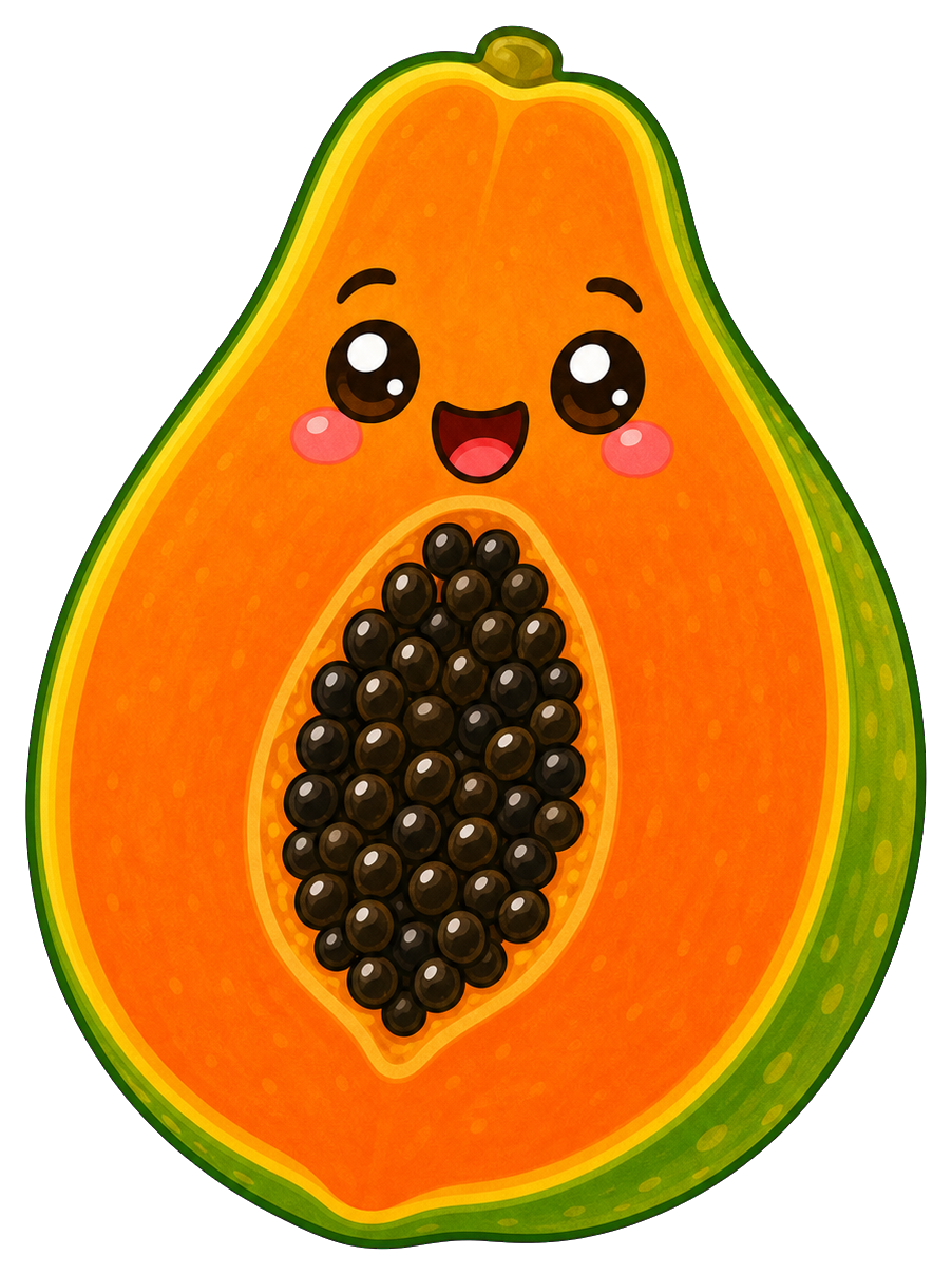 Cute smiling papaya fruit sticker with seeds and green peel