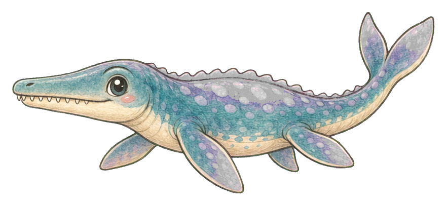 Cute blue-green mosasaur sticker swimming with a curled tail and small fins.