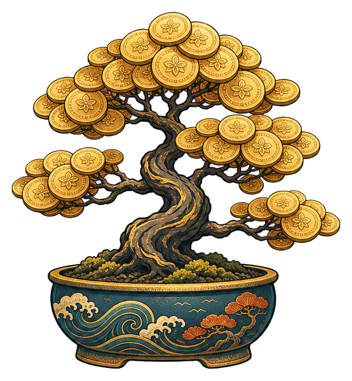 A bonsai tree growing gold coins from a decorative bowl.