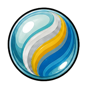Glossy blue marble token with a yellow curved stripe.