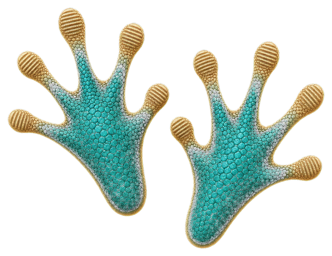 Two turquoise lizard footprints with yellow outlines on a transparent background.