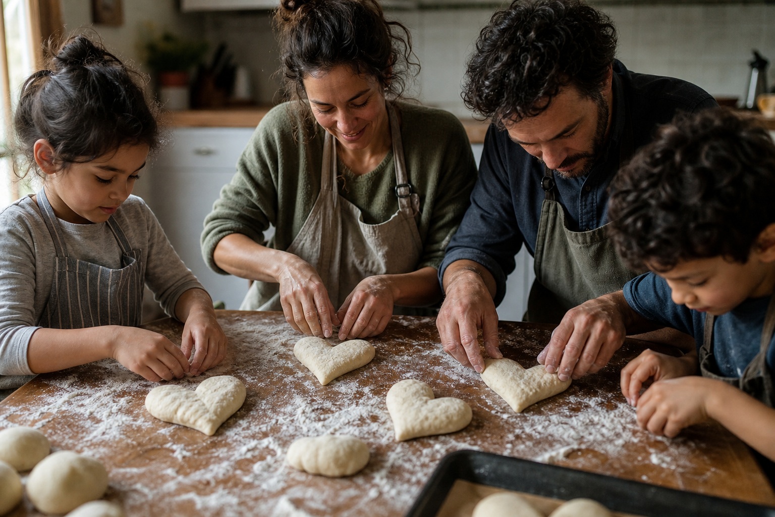 Family gathered around a table shaping heart-shaped dough together
