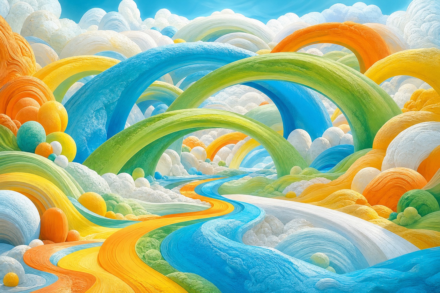 Colorful rainbow arches forming a cloud bridge over a bright, dreamlike landscape.