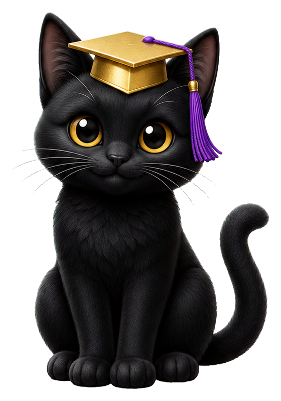 Black cat wearing a graduation cap with a purple tassel sitting upright