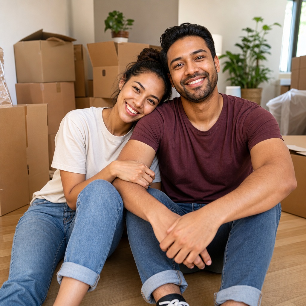 Smiling couple sitting on the floor beside packed moving boxes in a home