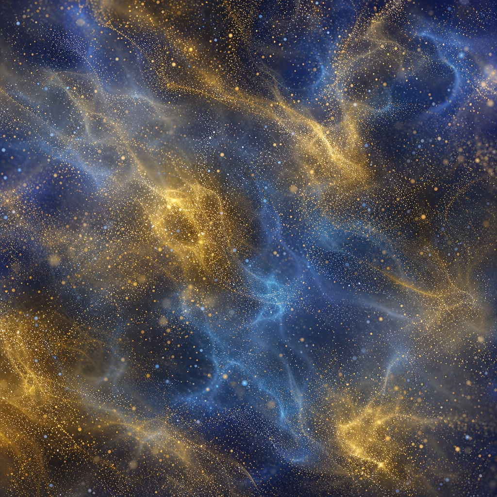 Gold and indigo abstract particle wisps drifting across a dark background