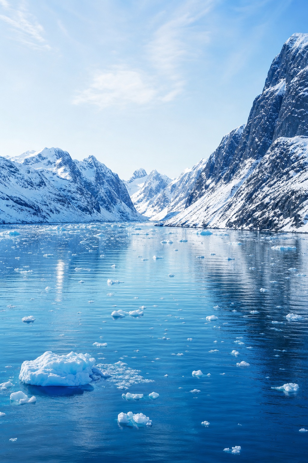 Snow-covered cliffs rising above a calm arctic fjord with floating ice in blue water.