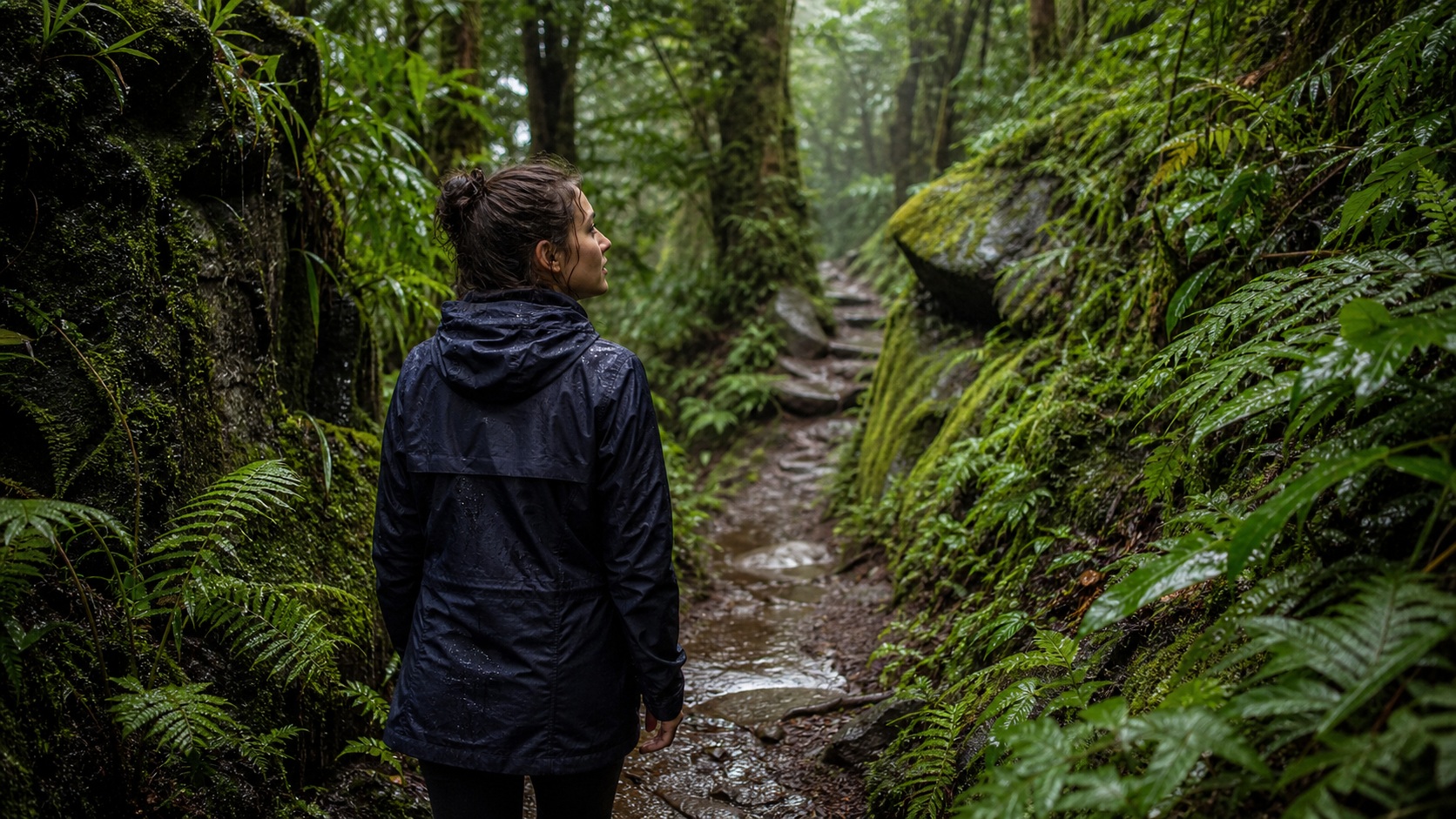 Person standing on a narrow forest trail surrounded by dense green ferns and trees.