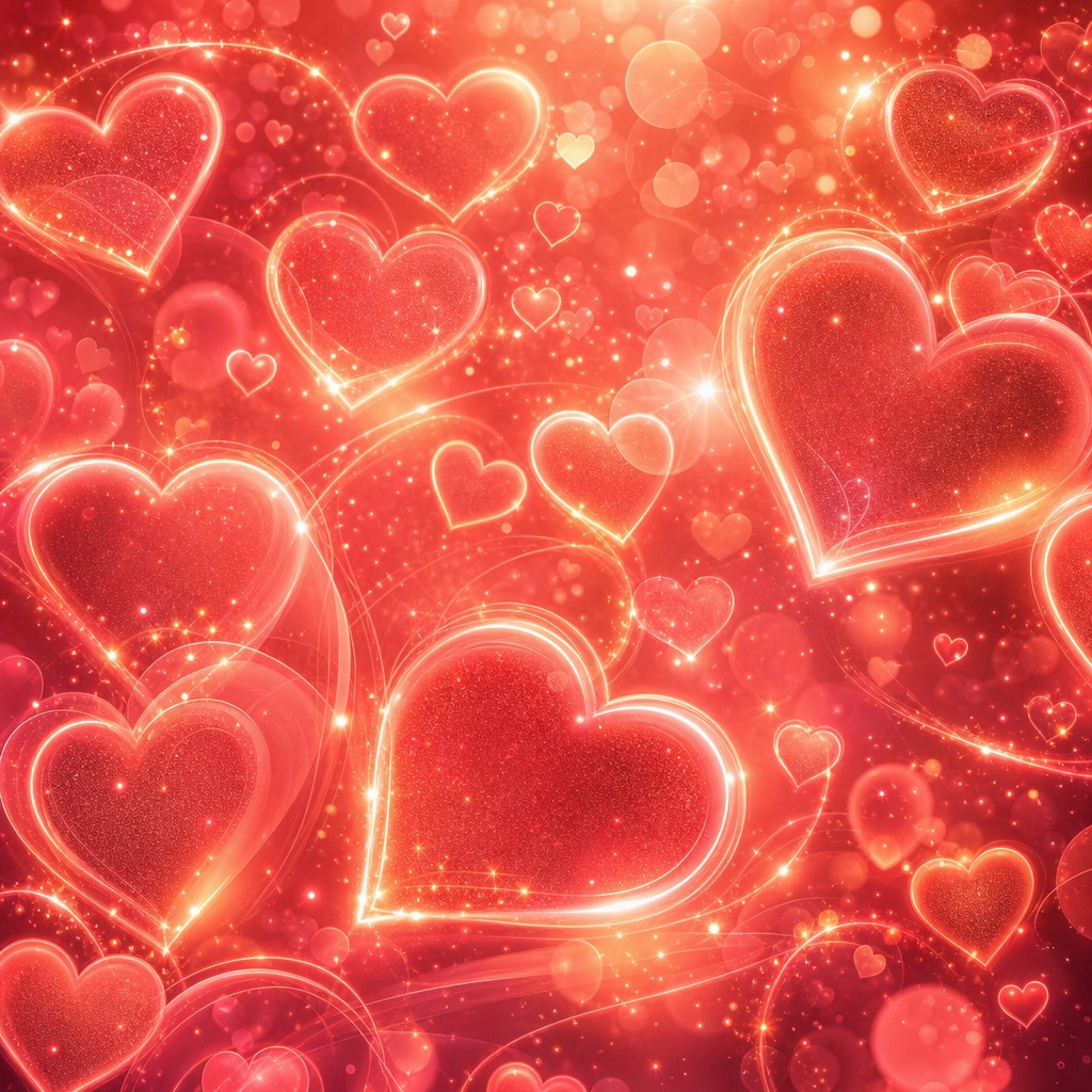 Glowing neon heart shapes scattered across a coral red sparkling background