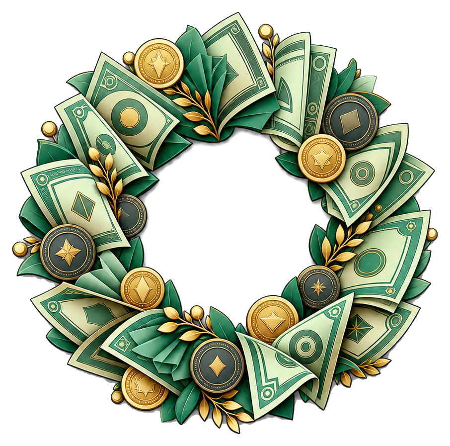 A circular wreath made of cash, coins, and money-themed accents