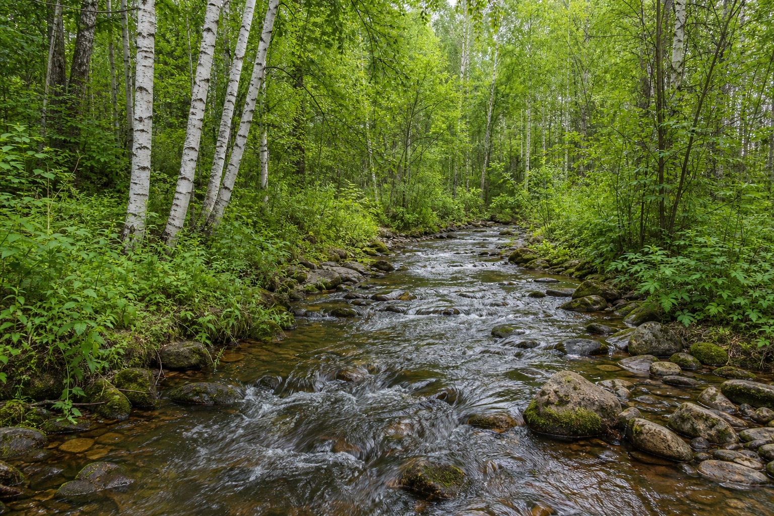 Overcast summer creek flowing through a birch grove and green woodland