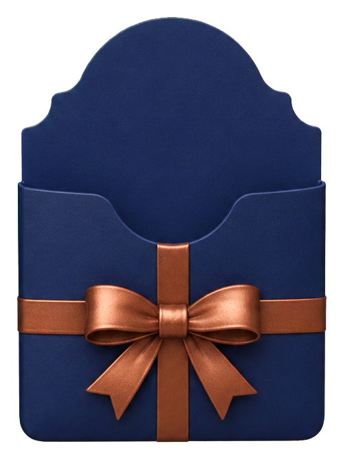 Navy gift card holder with a bronze ribbon bow on the front