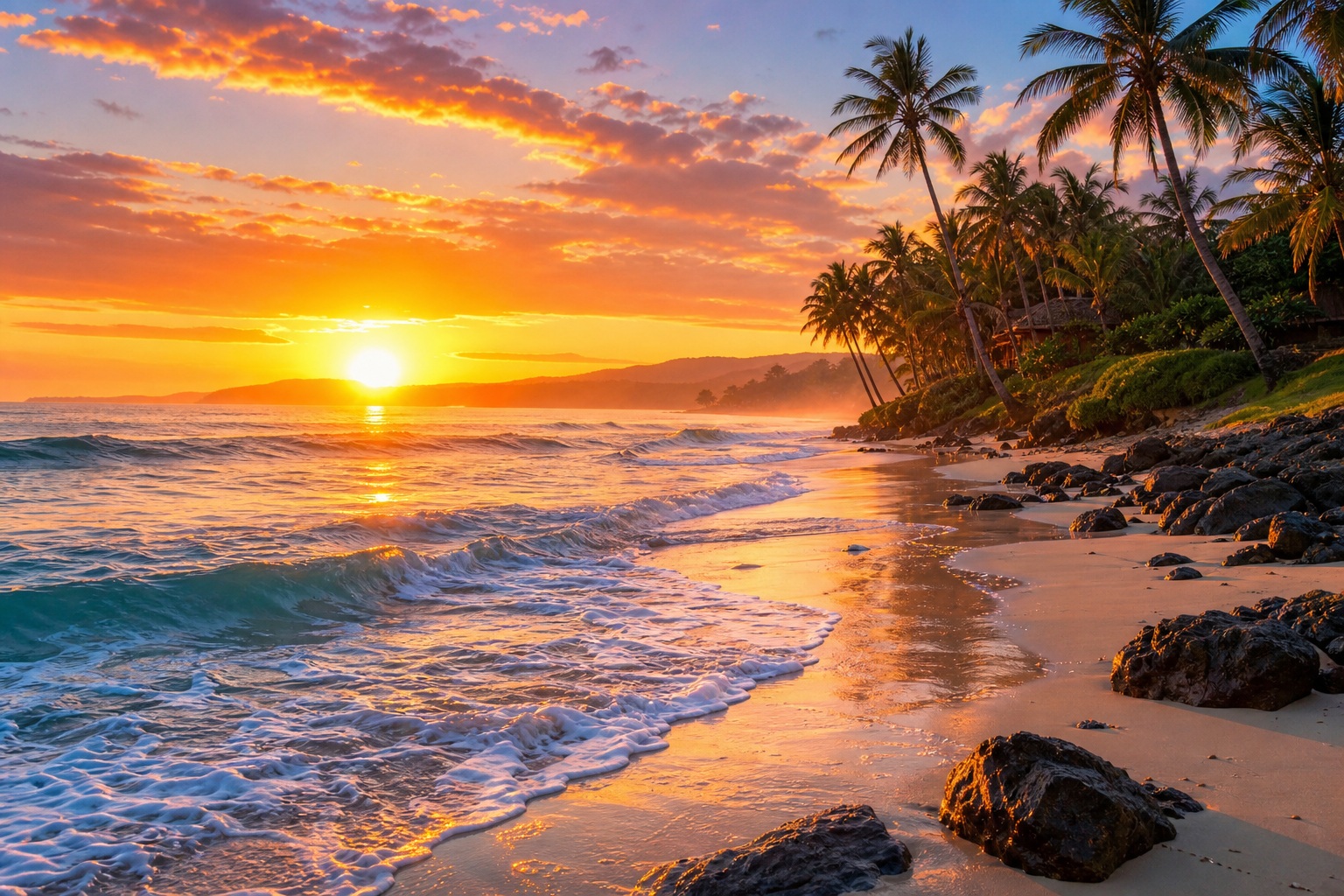 Sunrise over an ocean shoreline with palm trees and waves on a sandy beach.