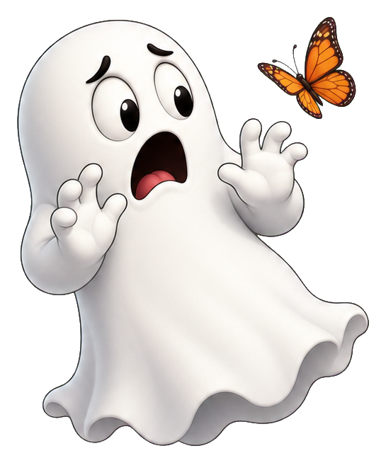 A surprised cartoon ghost reaching toward a butterfly with a scared expression.