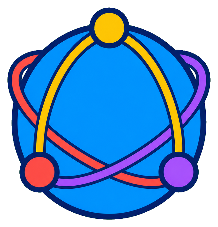Blue globe sticker with colorful arcs and circular nodes around it