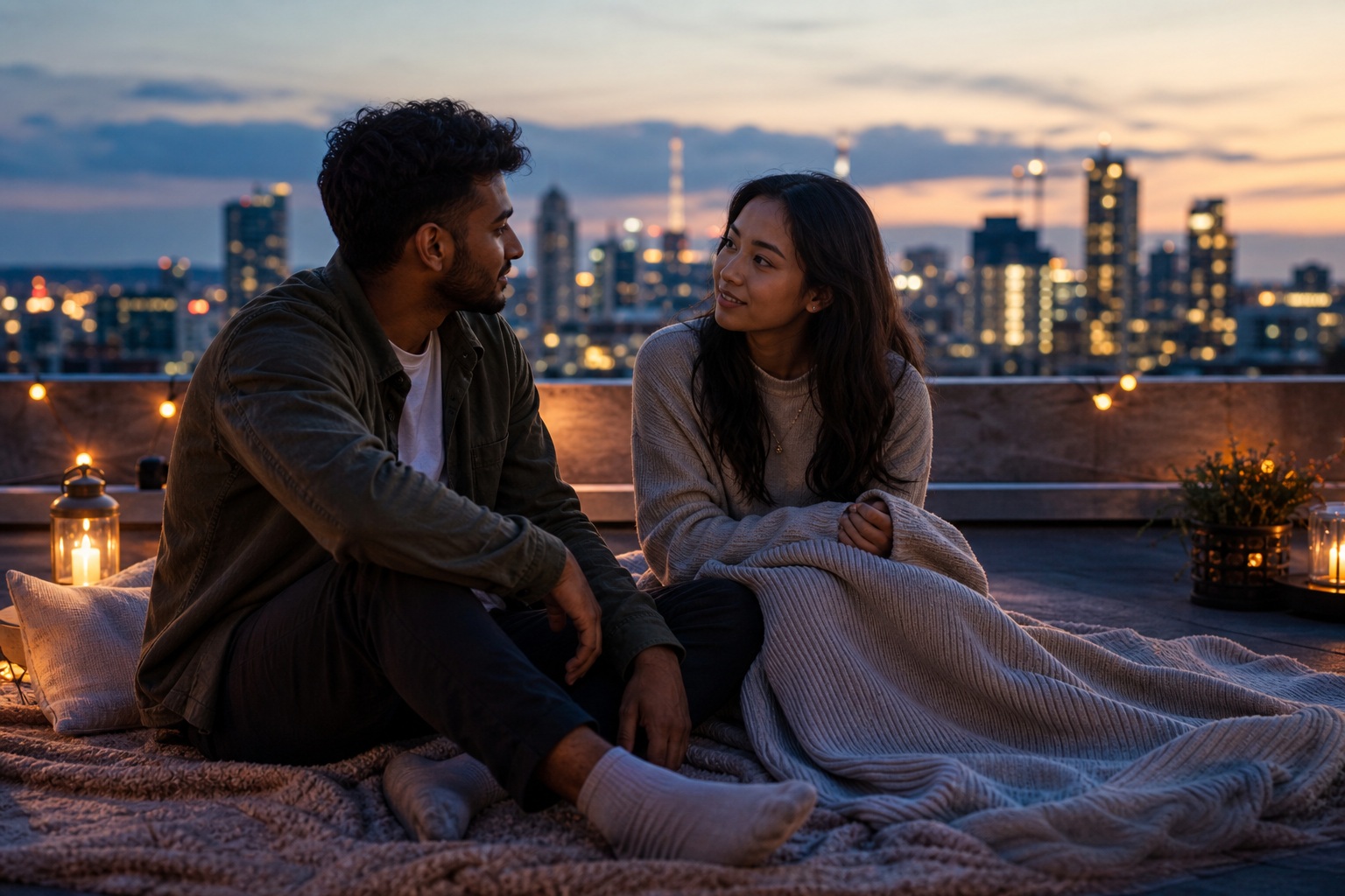 Couple sitting on a rooftop blanket at dusk with city lights behind them