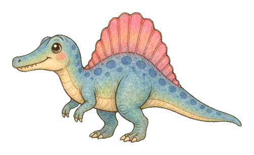 Cute pastel spinosaurus sticker with a pink sail and smiling face