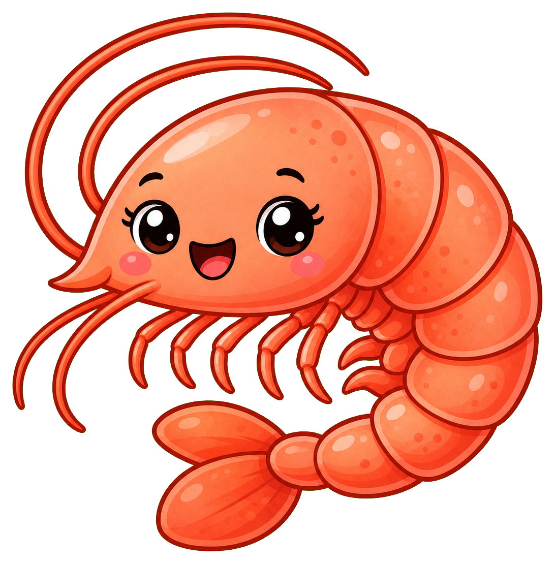 Cute smiling shrimp sticker with orange shell and curled tail