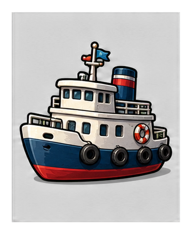 Illustrated ferry boat with windows, life ring, and blue and red hull on a dark background.