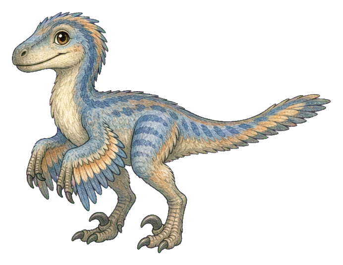 Cute Utahraptor sticker with a cream body, blue stripes, and a fluffy tail