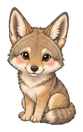 Cute pastel coyote sitting with big eyes and fluffy fur