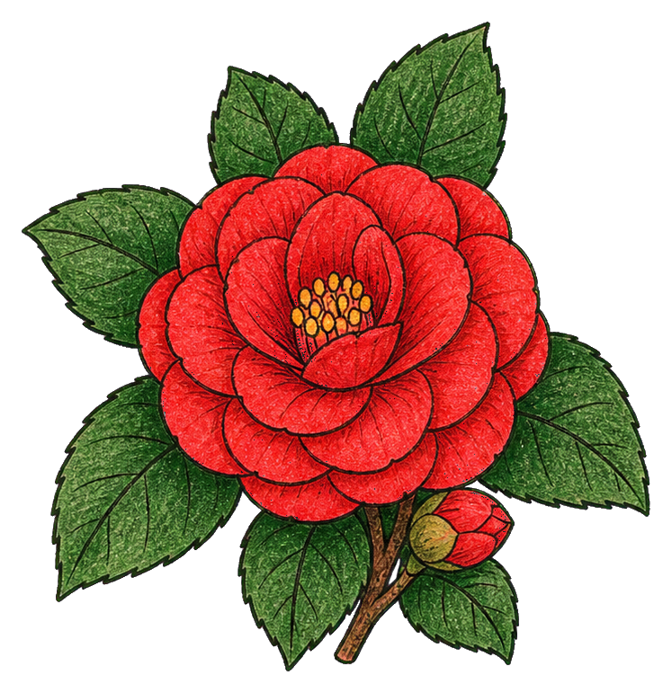 Red camellia bloom with green leaves and a small bud on a branch