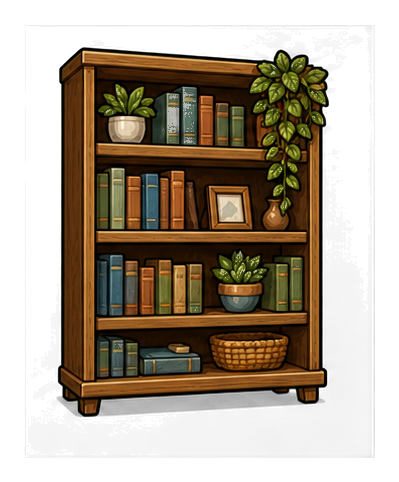Wooden bookshelf with books, potted plants, a framed picture, and a basket