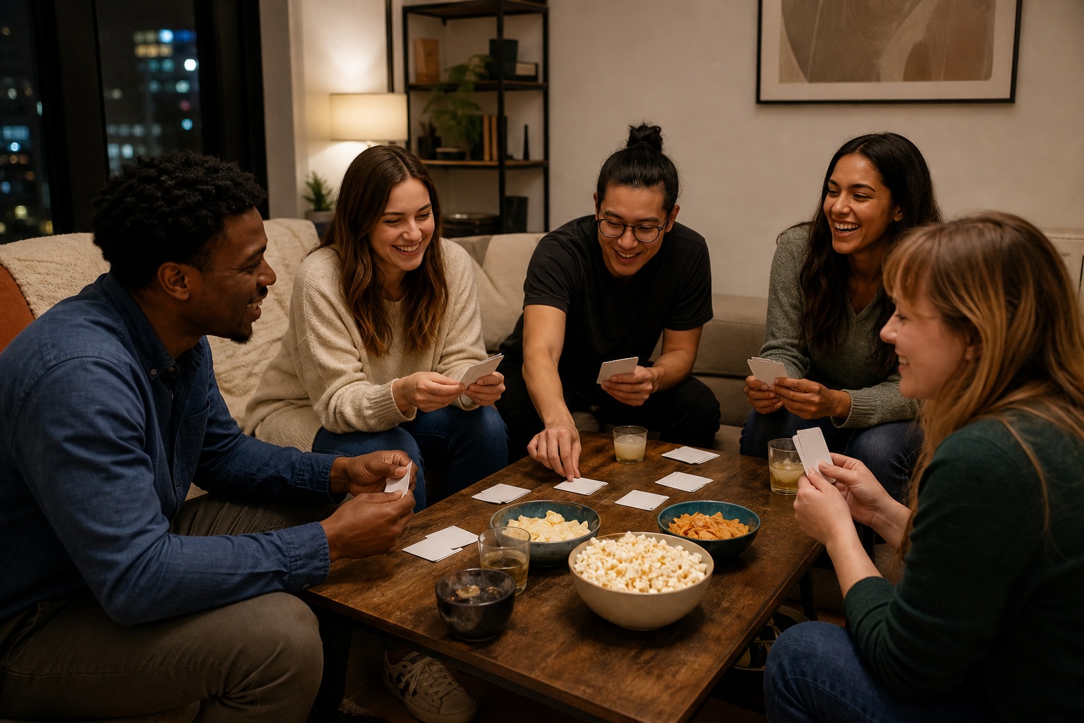 Four friends sitting around a table playing cards in a cozy living room.