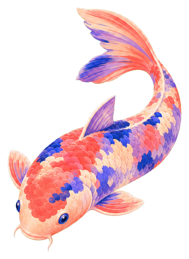 Colorful painterly koi fish with pink, blue, and orange scales