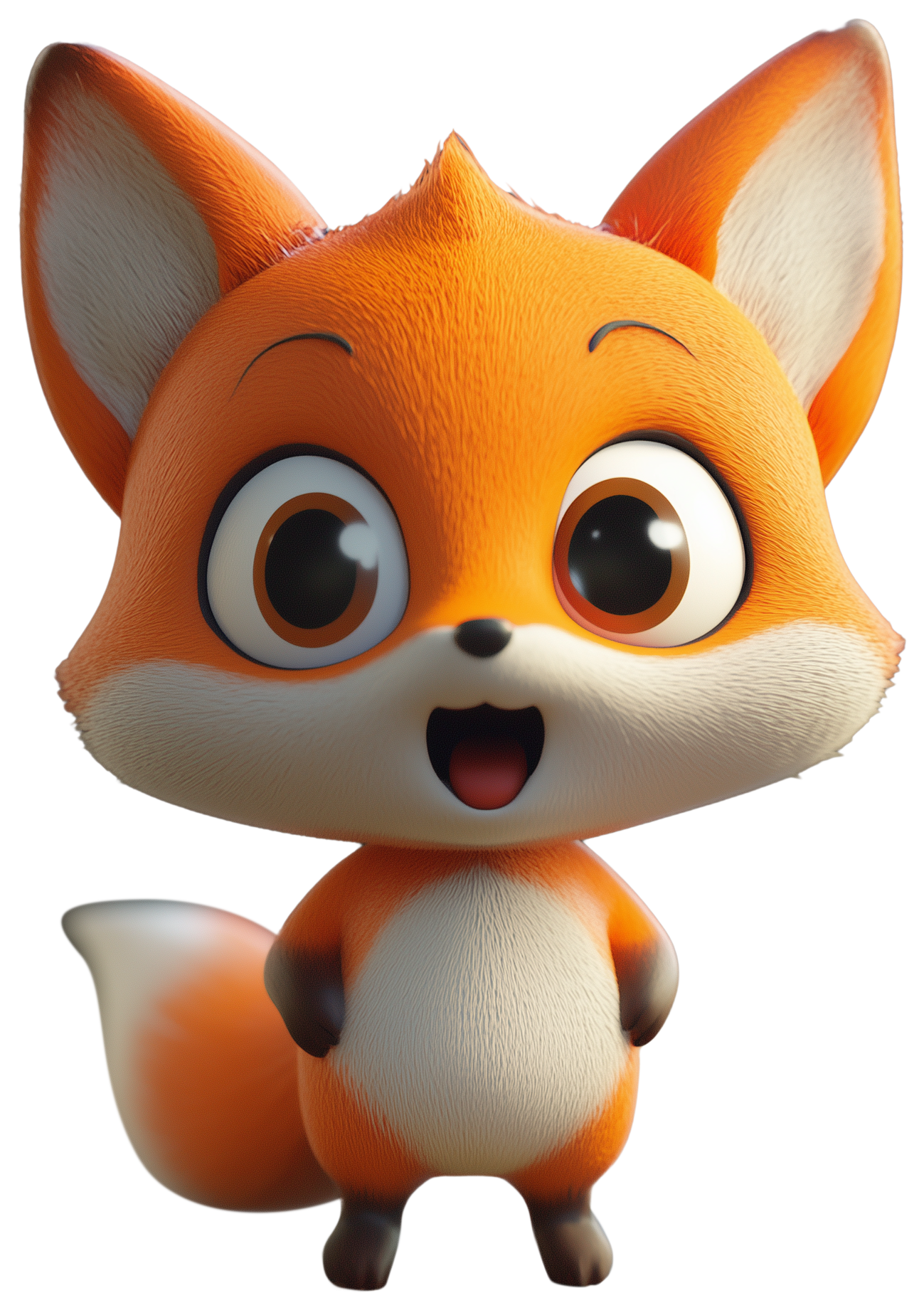 Cute orange 3D cartoon fox with big eyes and a smiling face
