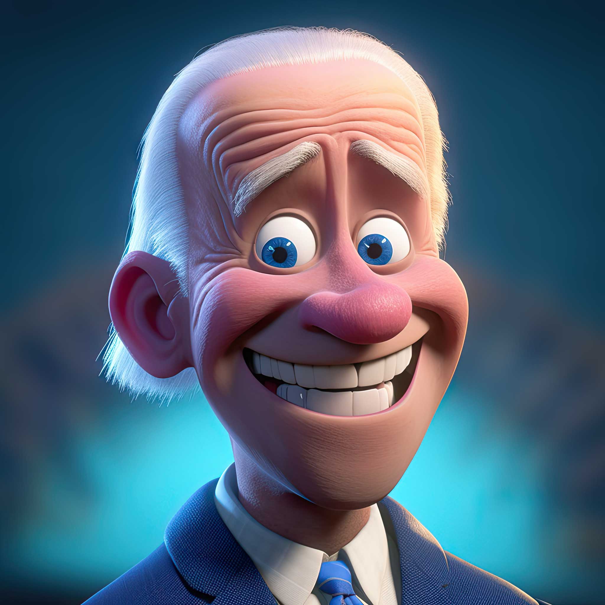 Smiling cartoon man in a suit with white hair on a blue background