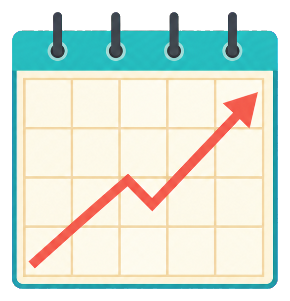 Calendar page with an upward red market trend arrow