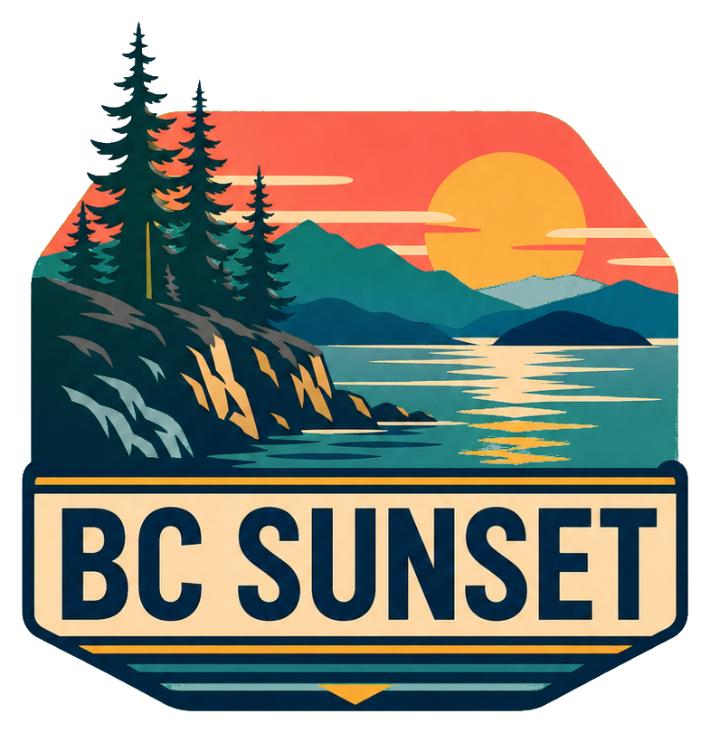 Retro sticker with trees, mountains, water, and the words BC Sunset
