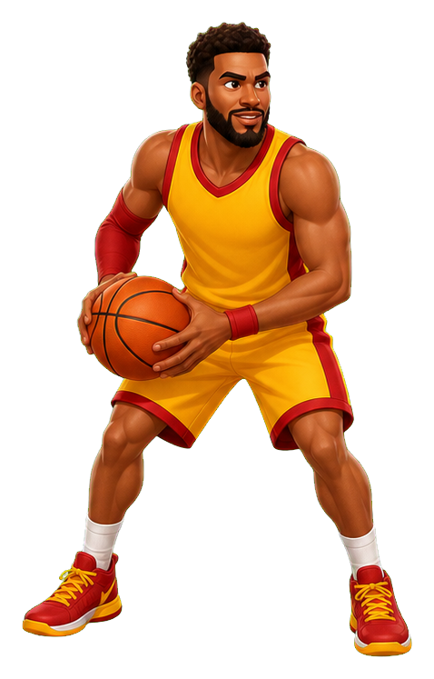 Cartoon basketball player in yellow and red uniform holding a basketball.