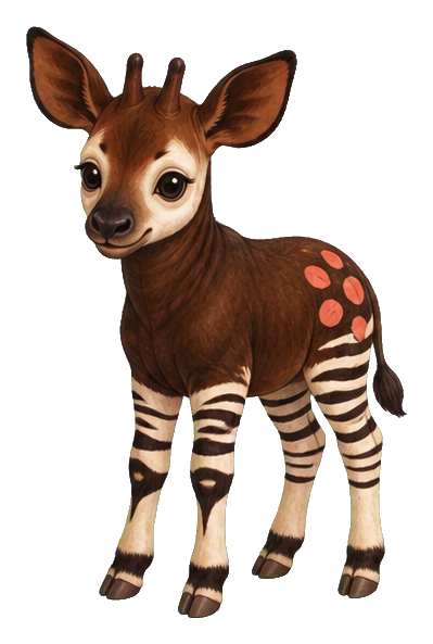 Cute okapi calf with brown fur, white striped legs, and pink spots