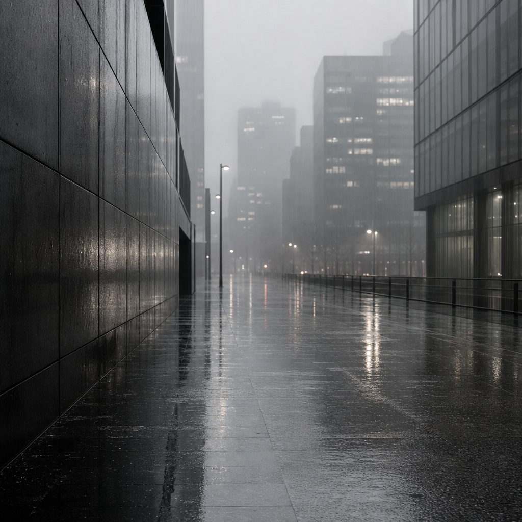 Misty monochrome city street with wet pavement between tall buildings in the rain