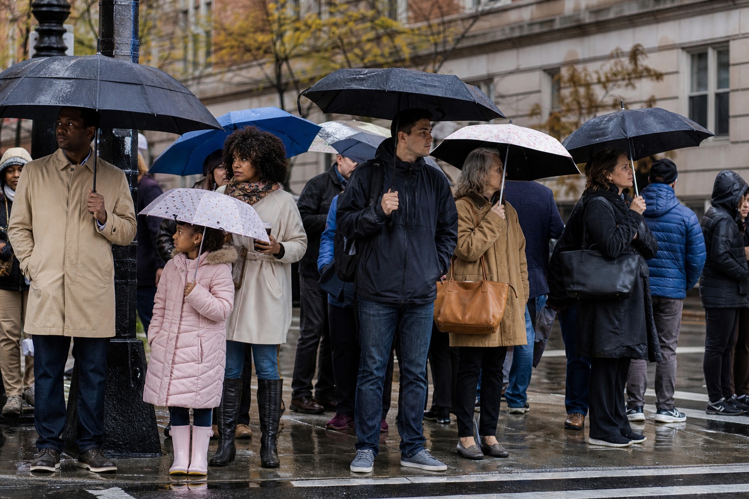 People standing under umbrellas at a rainy city crosswalk beside a wet street.
