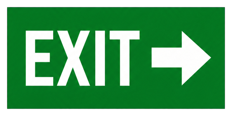 Green exit sign with a white right-pointing arrow.