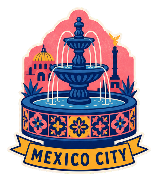 Illustrated fountain with Mexico City text on a retro travel-style sticker