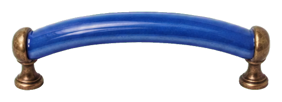 Blue porcelain cabinet handle with gold-toned mounts, isolated on white background.