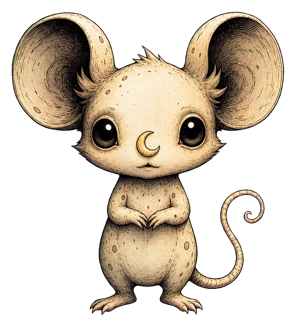 Cute mouse-like alien with large round ears, a moon-shaped nose, and a curled tail