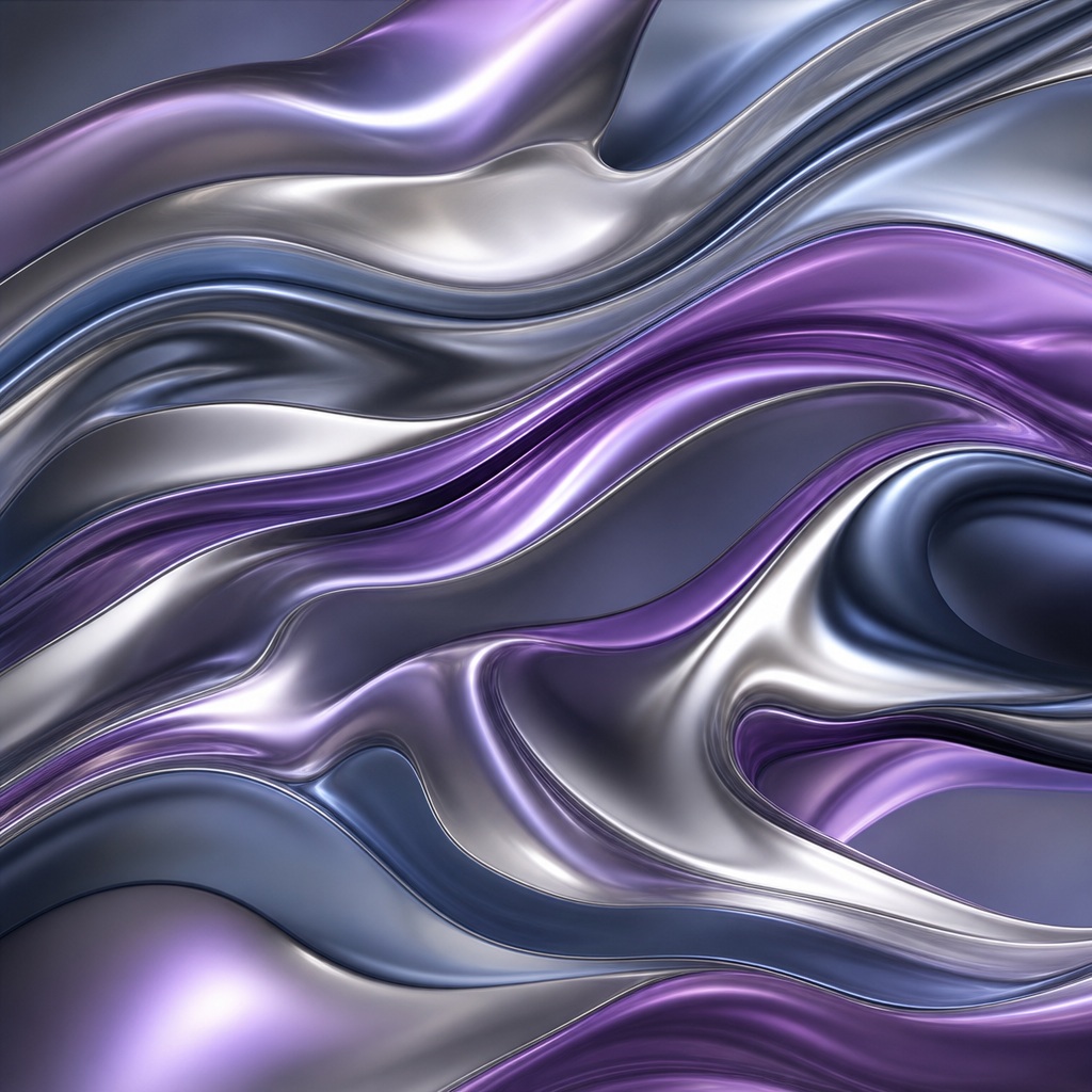 Abstract flowing violet and silver liquid metal waves with glossy highlights