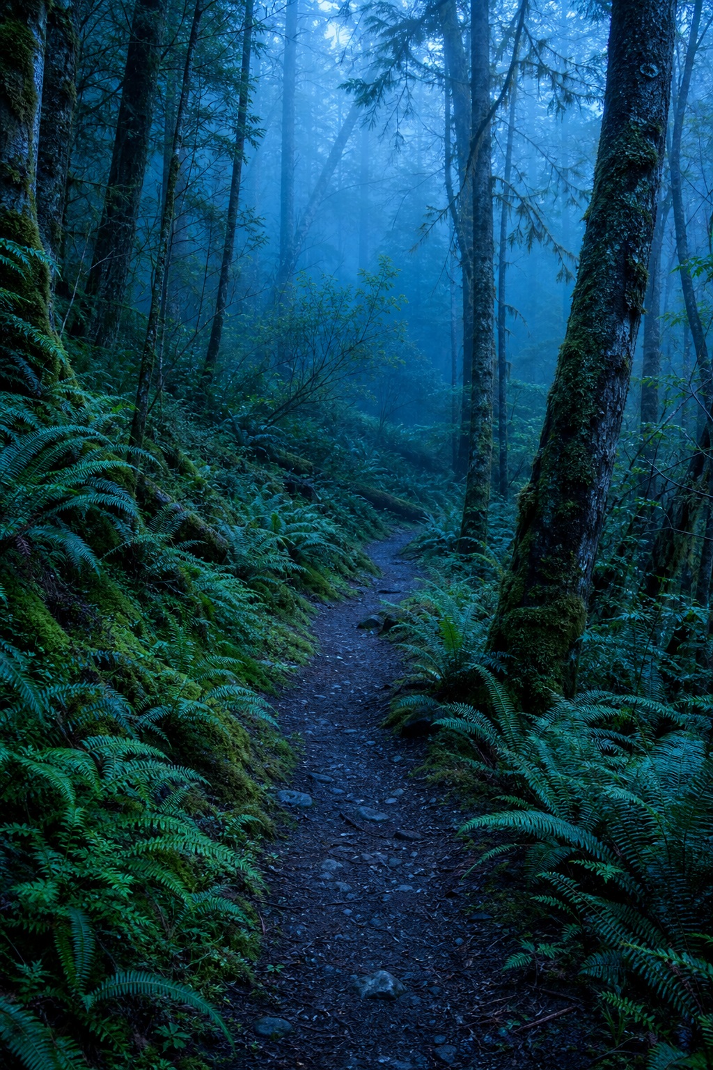 A narrow forest path lined with ferns in blue morning mist.