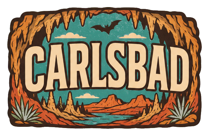 Retro Carlsbad text sticker with a desert cave scene and bold lettering
