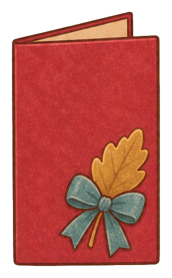 Red rectangular Thanksgiving card with a blue bow and golden leaf accent.