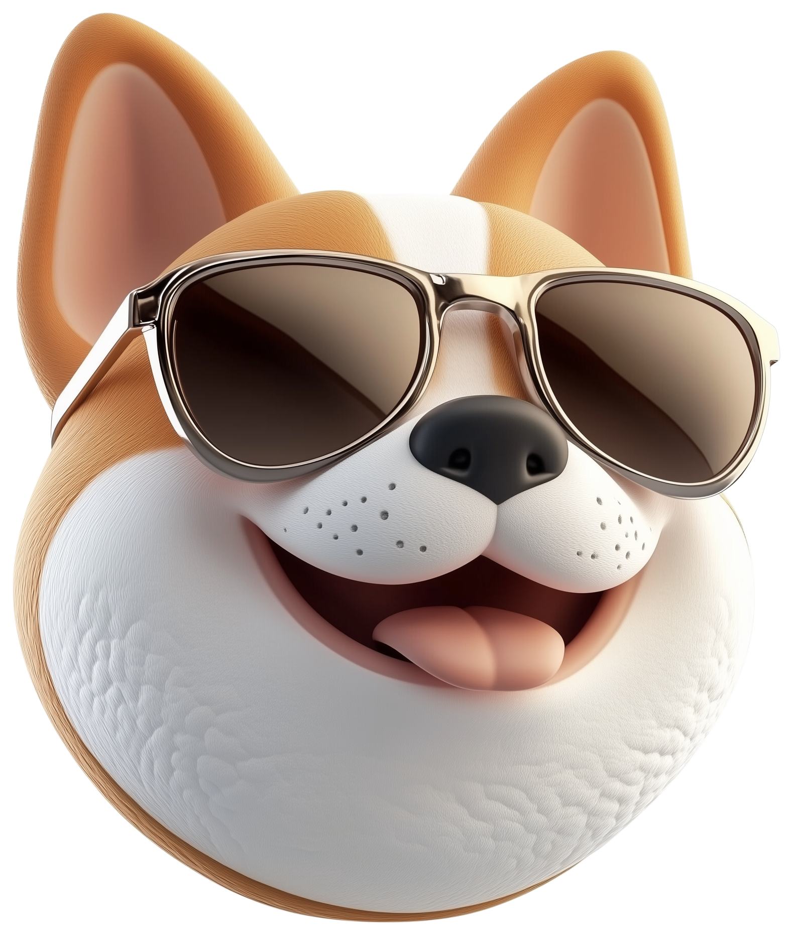 3D cartoon dog face wearing sunglasses with tongue out