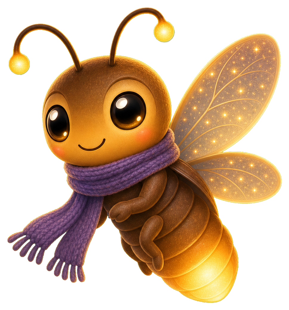 Cute glowing firefly wearing a purple scarf on a plain background