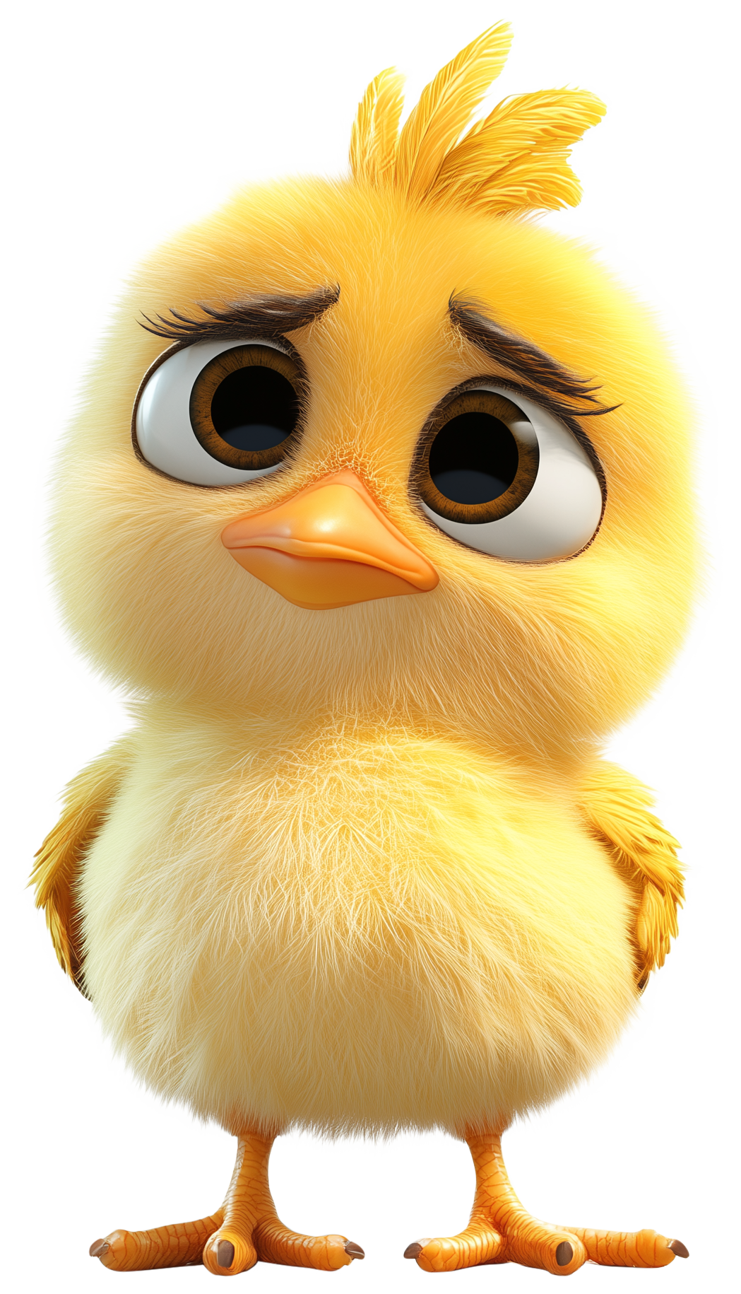 Cute fluffy yellow cartoon chicken with big eyes and small orange beak and feet